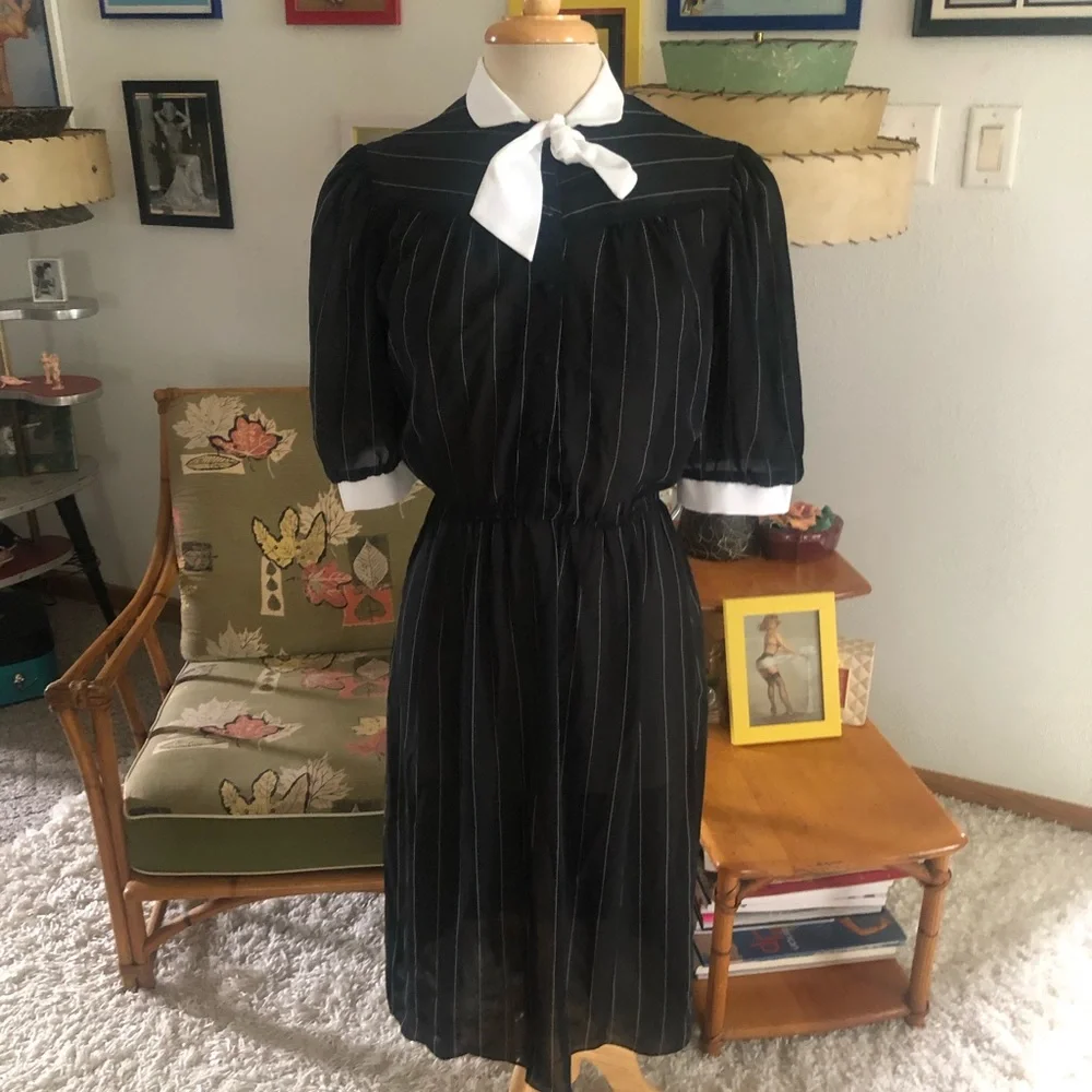 SOLD Vintage 1940s Style Dress Black White Stripe Sheer S M Rockabilly Pinup - Picture 2 of 6